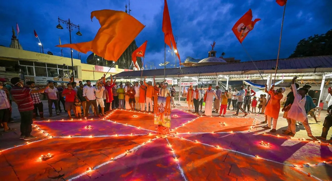 saffron flags bearing images of Lord Ram and Ayodhya temple