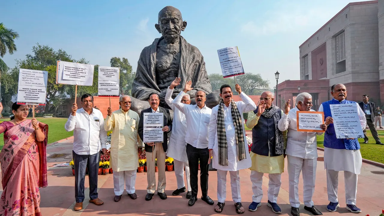 BJP MPs from Karnataka stage a protest during the Winter session of Parliament