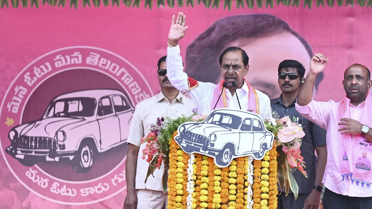 Telangana Chief Minister and BRS chief K Chandrasekhar Rao addresses a public meeting ahead of the the state Assembly elections, in Bodhan