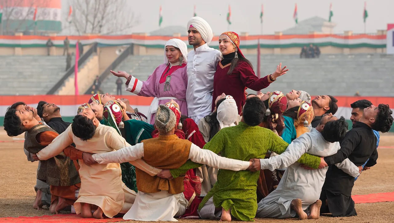  Artists perform during full dress rehearsals for the upcoming Republic day celebrations, at Bakshi Stadium, in Srinagar
