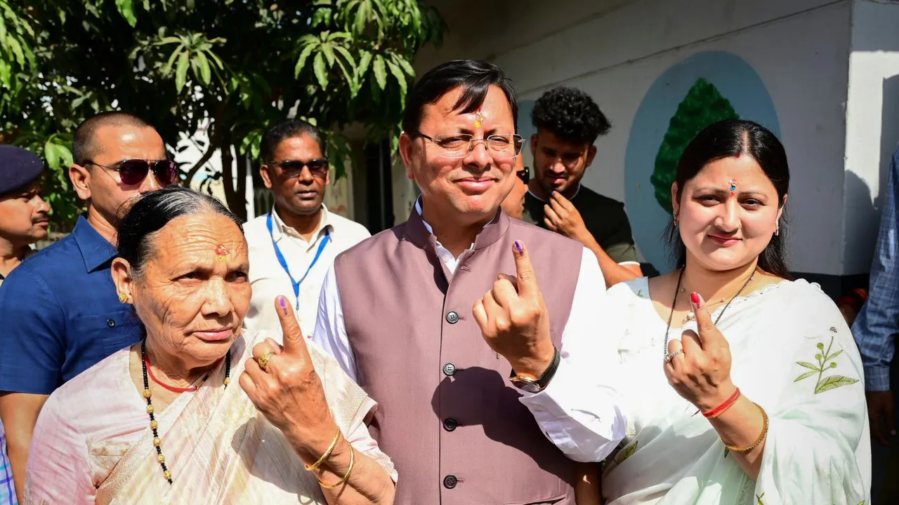 Uttarakhand Chief Minister Pushkar Singh Dhami during the first phase of voting for Lok Sabha elections, in Khatima, Friday, April 19, 2024