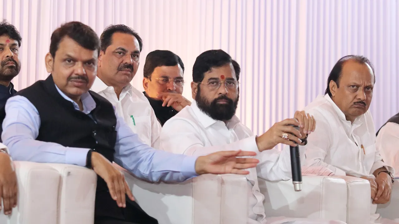Maharashtra Chief Minister Eknath Shinde with Deputy Chief Ministers Devendra Fadnavis and Ajit Pawar during a press conference