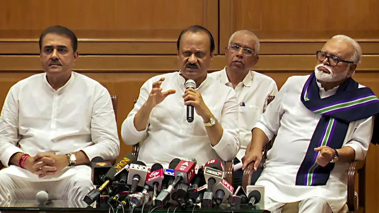 Newly sworn-in Maharashtra Deputy Chief Minister Ajit Pawar with Nationalist Congress Party (NCP) leaders Chhagan Bhujbal and Praful Patel during a press conference, in Mumbai, Sunday, July 2