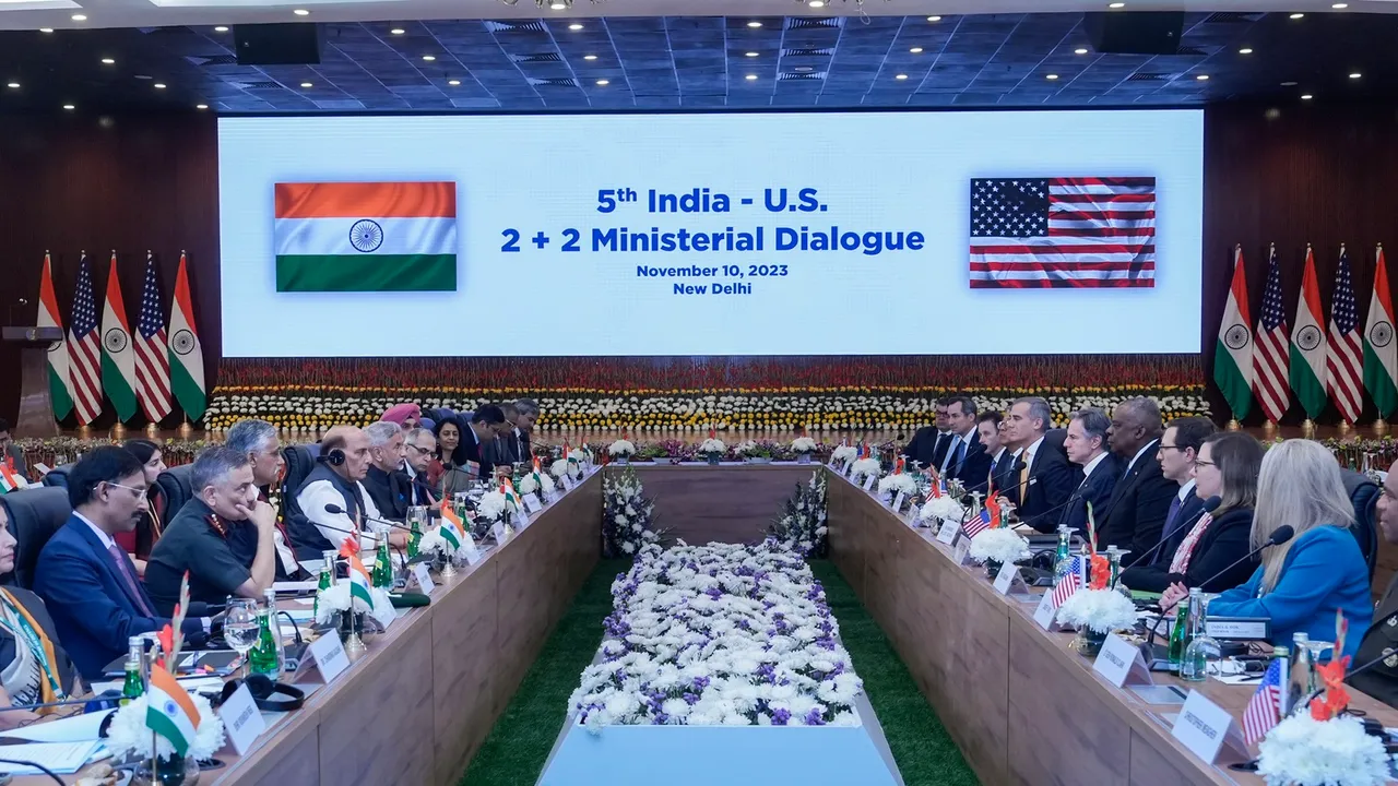 Defence Minister Rajnath Singh and External Affairs Minister S. Jaishankar with US Secretary of State Antony Blinken and US Secretary of Defense Lloyd Austin during the 5th India-US 2+2 Ministerial Dialogue, at Sushma Swaraj Bhavan, in New Delhi