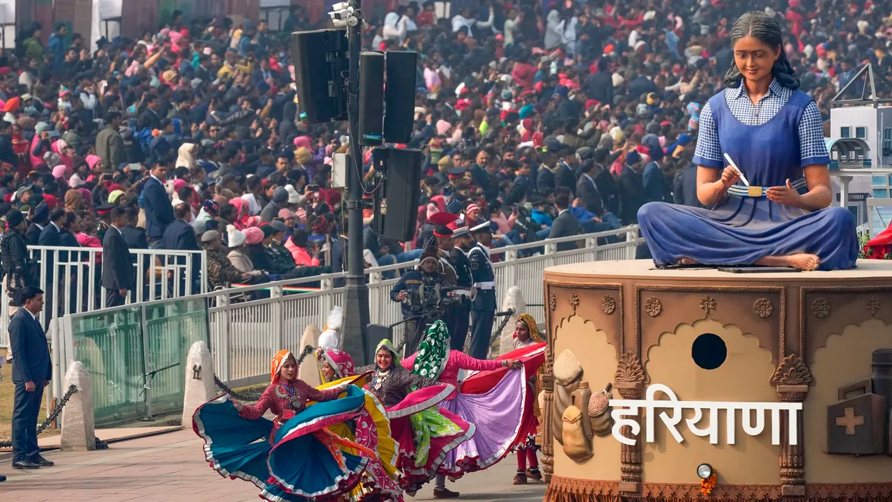 Haryana tableau on display during the full dress rehearsal for the Republic Day Parade 2024