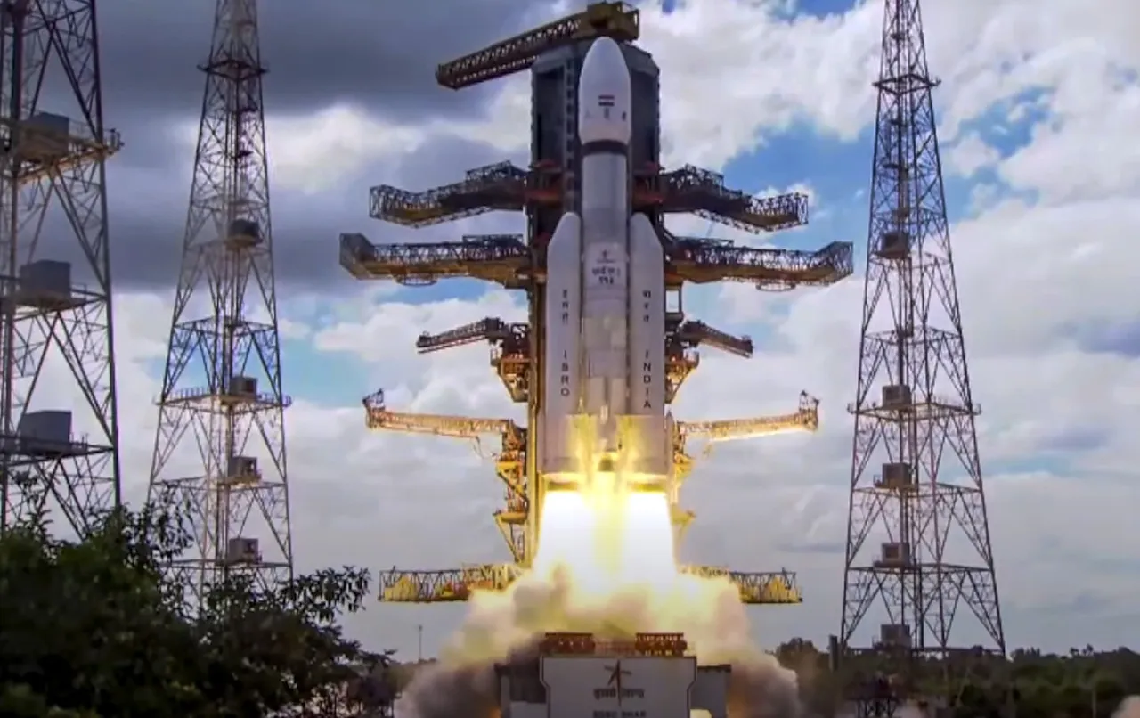 ISRO's Launch Vehicle Mark-III (LVM3) M4 rocket carrying 'Chandrayaan-3' lifts off from the launch pad at Satish Dhawan Space Centre, in Sriharikota