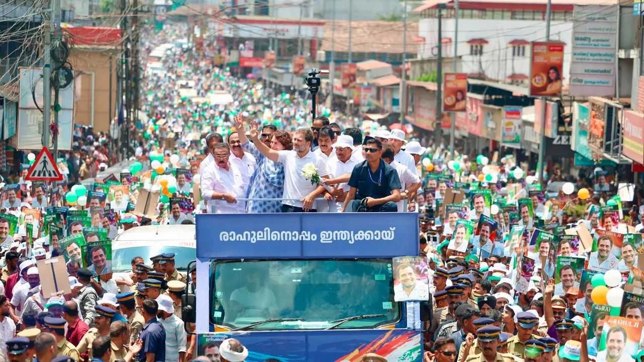 Congress candidate Rahul Gandhi with party leaders Priyanka Gandhi and K.C. Venugopal during a road show before filing his nomination papers for the upcoming Lok Sabha elections, in Wayanad district, Wednesday, April 3, 2024