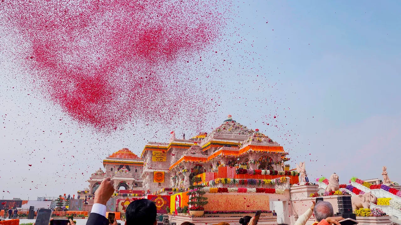 Flower petals being showered at the Ram Mandir during the 'Pran Pratishtha' ceremony, in Ayodhya