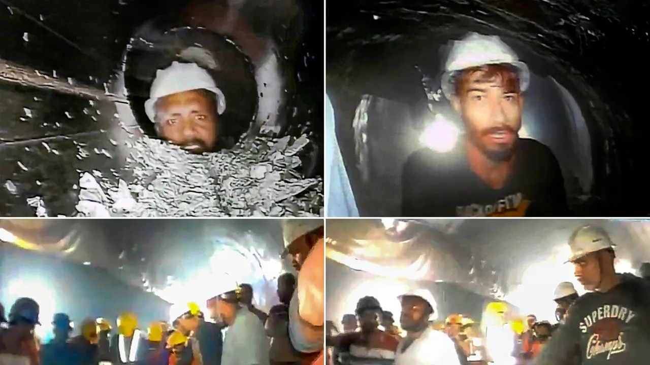 Visuals of workers trapped inside the Silkyara tunnel in Uttarkashi district, released by rescuers