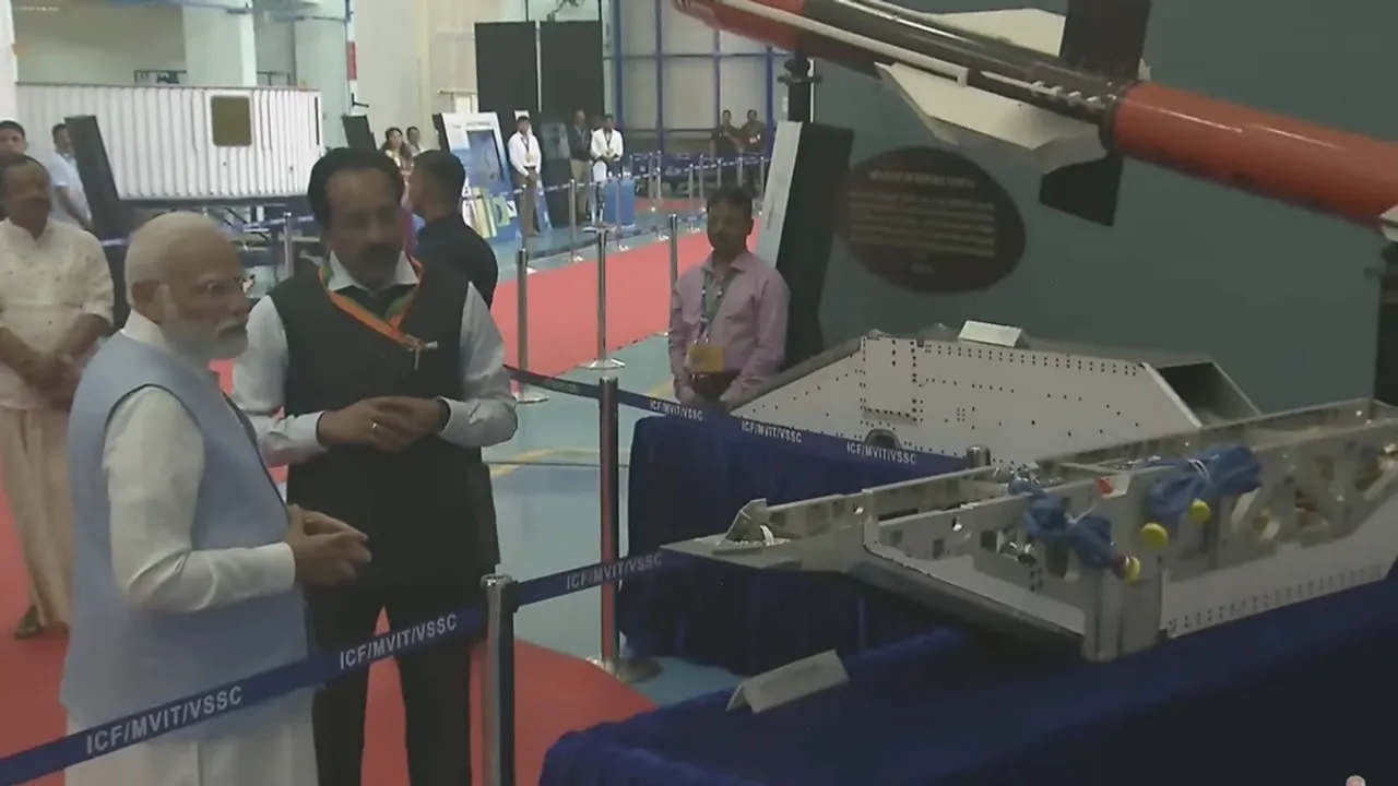 Prime Minister Narendra Modi with ISRO Chairman S. Somanath during a visit to Vikram Sarabhai Space Centre (VSSC), in Thiruvananthapuram, Tuesday, Feb. 27, 2024.