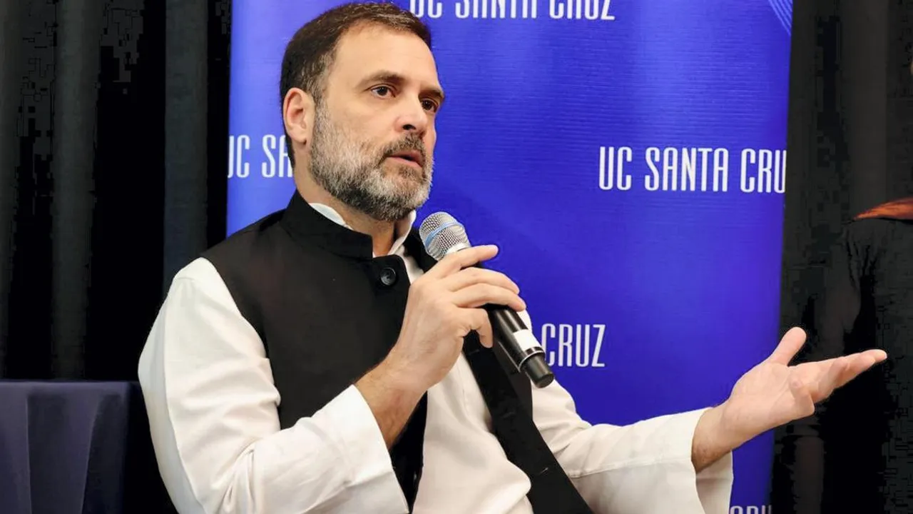 Congress leader Rahul Gandhi speaks during an interaction with activists, academics and others at the University of California, in Santa Cruz, USA