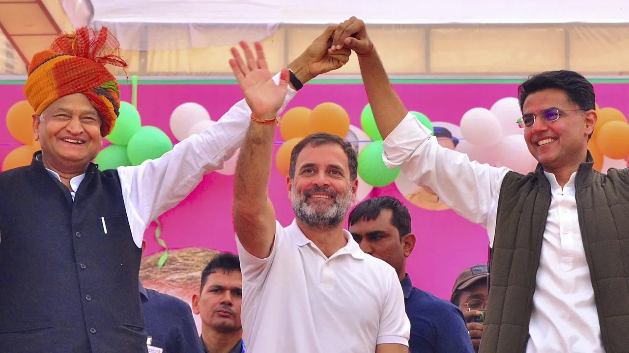 Congress leader Rahul Gandhi with Rajasthan Chief Minister Ashok Gehlot and party leader Sachin Pilot during 'Congress Guarantee Rally' ahead of the State Assembly elections, at Taranagar in Churu district