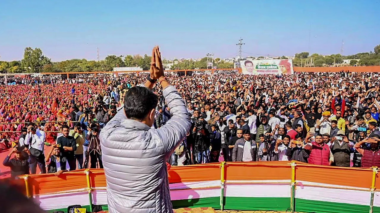 Former Rajasthan deputy chief minister Sachin Pilot during a 'Kisan Sammelan' in Nagaur