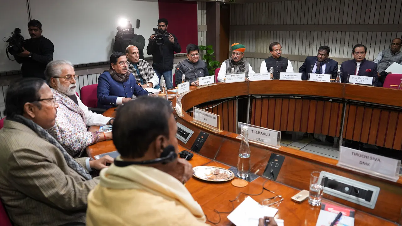 Defence Minister Rajnath Singh with Union Minister for Commerce and Industry Piyush Goyal, Union Minister for Parliamentary Affairs Pralhad Joshi and other leaders during an all-party meeting ahead of the Budget Session of Parliament on Monday