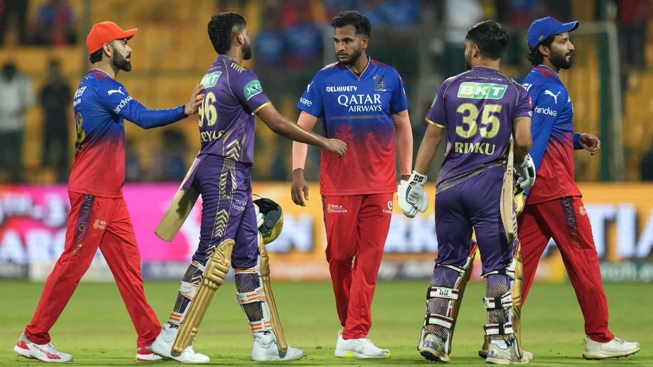 KKRs' captain Shreyas Iyer and Rinku Singh being congratulated by RCB's players after winning the IPL 2024 T20 cricket match between RCB and KKR