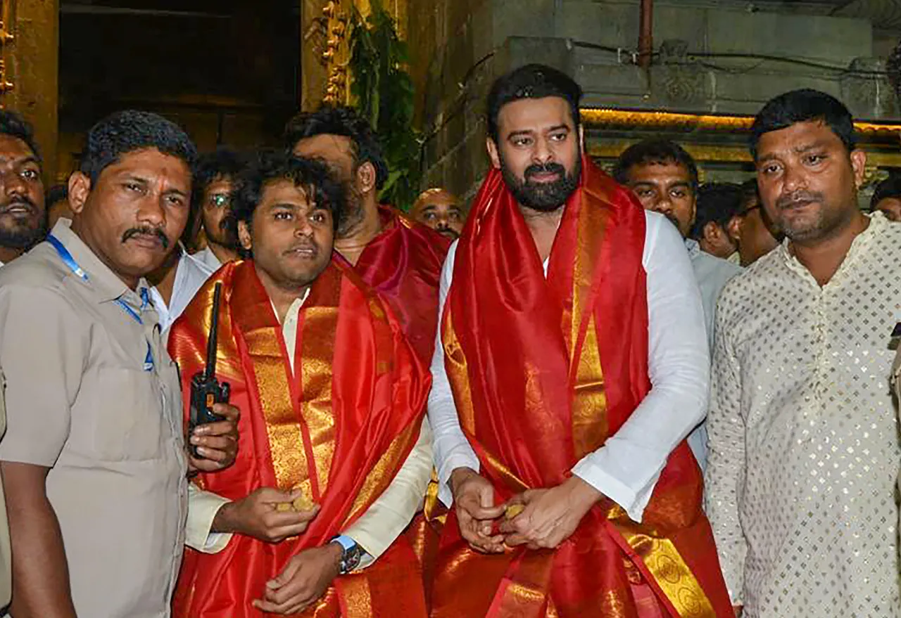 Actor Prabhas during a visit to the Tirumala temple ahead of the final trailer launch of his upcoming movie 'Adipurush'