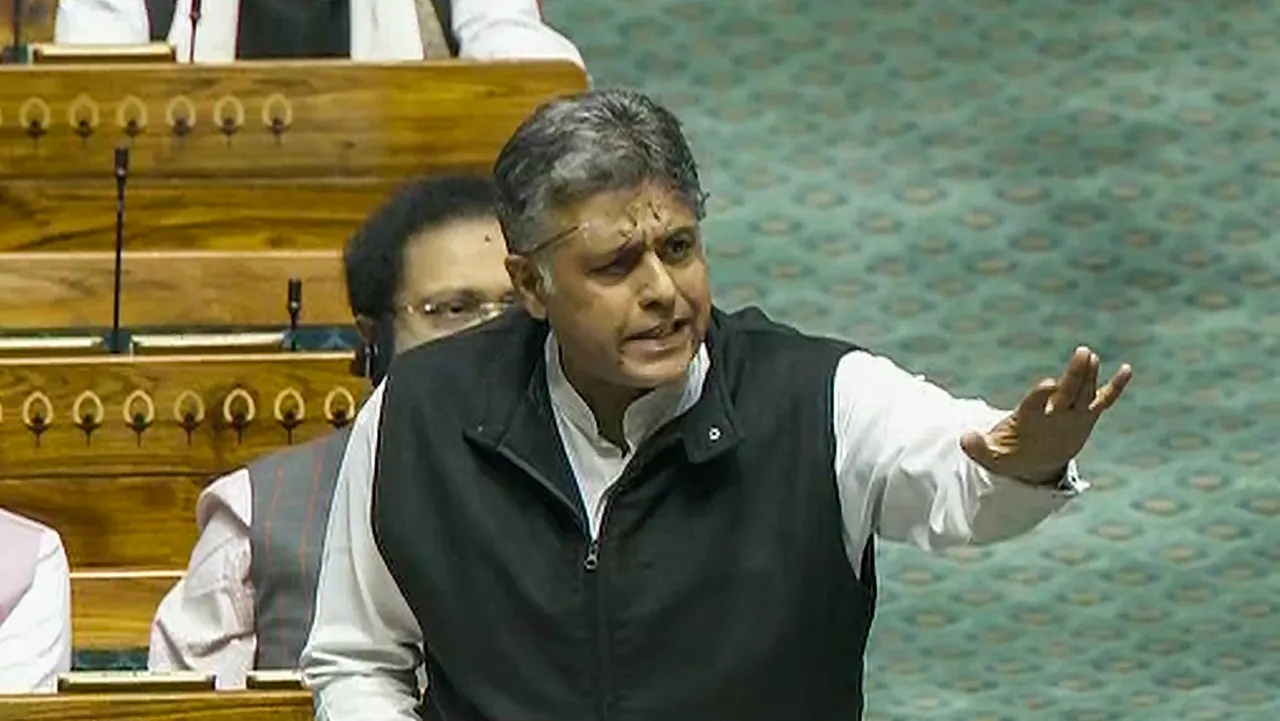 Congress MP Manish Tewari speaks in the Lok Sabha during the Budget session of Parliament, in New Delhi