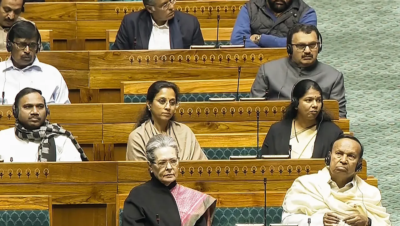 Congress MP Sonia Gandhi and DMK MP TR Baalu, and others during presentation of the Interim Budget 2024 in the Lok Sabha