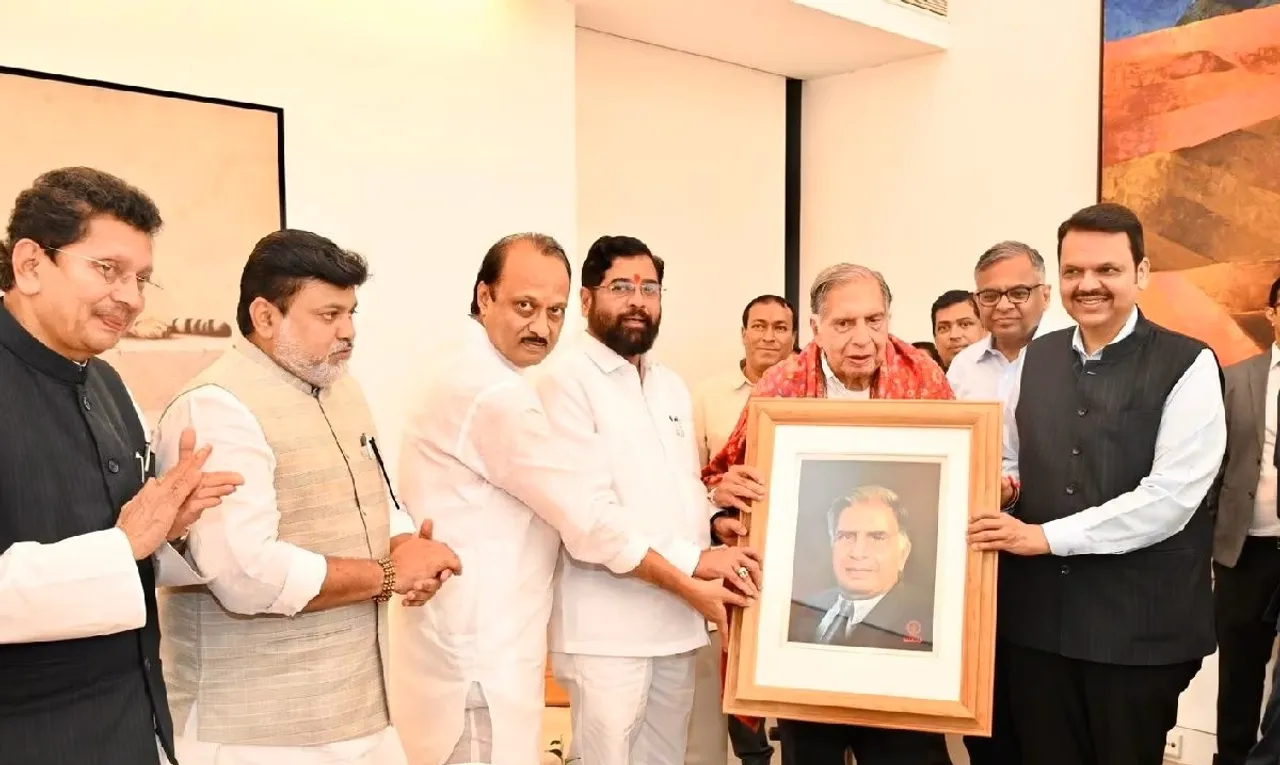 Maharashtra Chief Minister Eknath Shinde greets Industrialist Ratan Tata as the latter was conferred the first ever ‘Udyog Ratna’ award instituted by the Maharashtra government at his residence at Colaba, in Mumbai