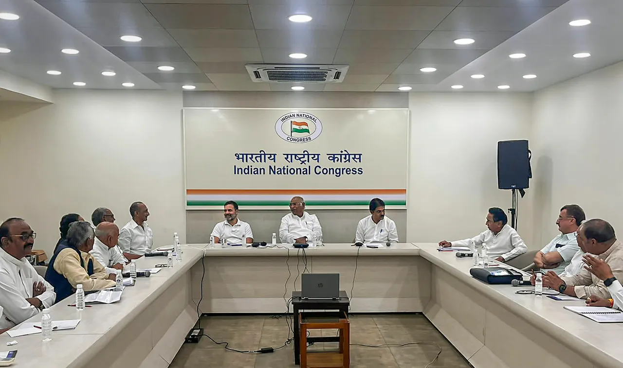 Congress President Mallikarjun Kharge with party leaders Rahul Gandhi and KC Venugopal chairs a meeting with the leaders from Madhya Pradesh, in New Delhi