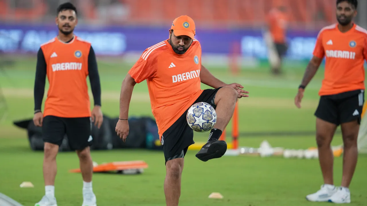 India’s captain Rohit Sharma during a practice session ahead of the ICC Men's Cricket World Cup 2023 match between India and Pakistan, at Narendra Modi Stadium, in Ahmedabad, Friday, Oct. 13, 2023.