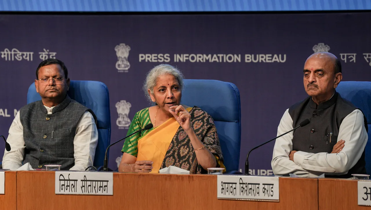 Finance minister Nirmala Sitharaman addressing a press conference after Union Budget 2023