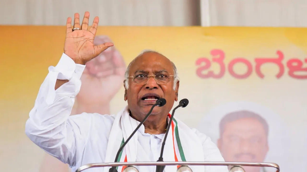 AICC President Mallikarjun Kharge addresses a public meeting in support of party candidate D.K. Suresh for Lok Sabha elections, in Channapatna, Monday, April 22, 2024