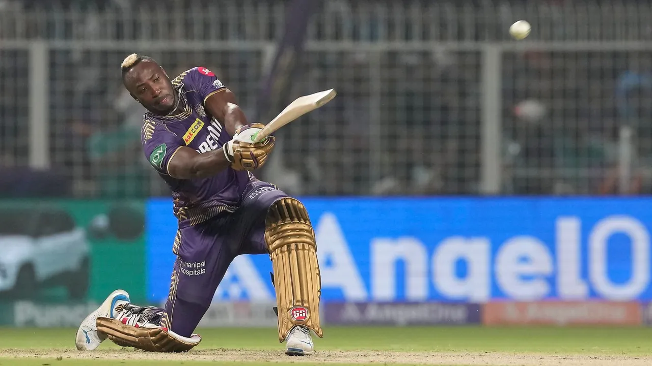 Kolkata Knight Riders’ Andre Russell plays a shot during the Indian Premier League (IPL) 2024 T20 cricket match