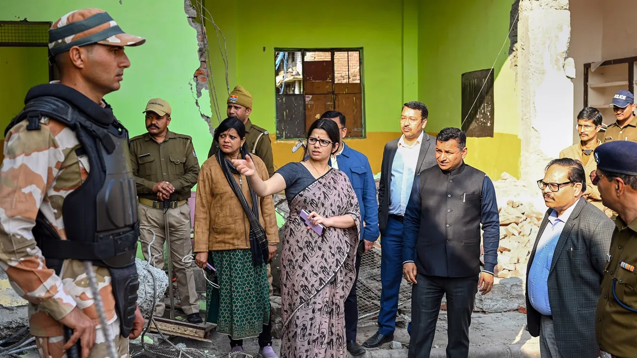 Nainital District Magistrate Vandana Singh visits Banbhoolpura, days after violence broke out in the area over the demolition of an 'illegally built' madrasa, in Haldwani