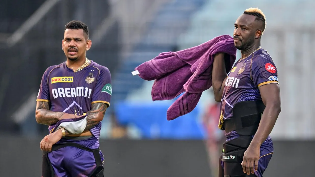 Kolkata Knight Riders players Sunil Narine and Andre Russell during a practice session ahead of an Indian Premier League (IPL) 2024 cricket match