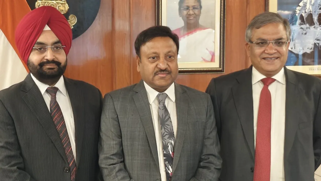 Chief Election Commissioner of India (CEC) Rajiv Kumar with the two newly-appointed Election Commissioners Sukhbir Singh Sandhu and Gyanesh Kumar