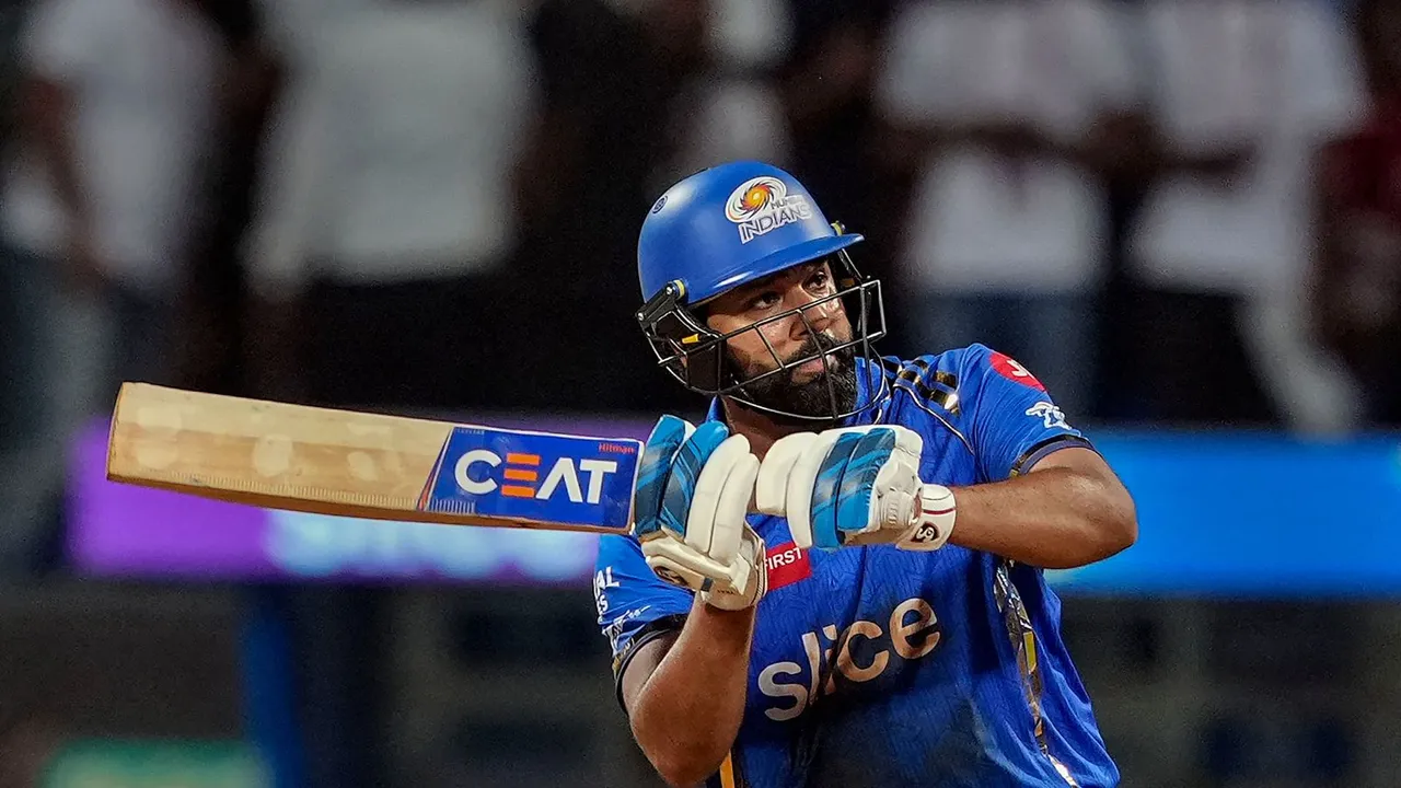 Mumbai Indians' Rohit Sharma plays a shot during the IPL 2024 cricket match against Royal Challengers Bengaluru and Mumbai Indians at Wankhede Stadium, in Mumbai, Thursday, April 11, 2024