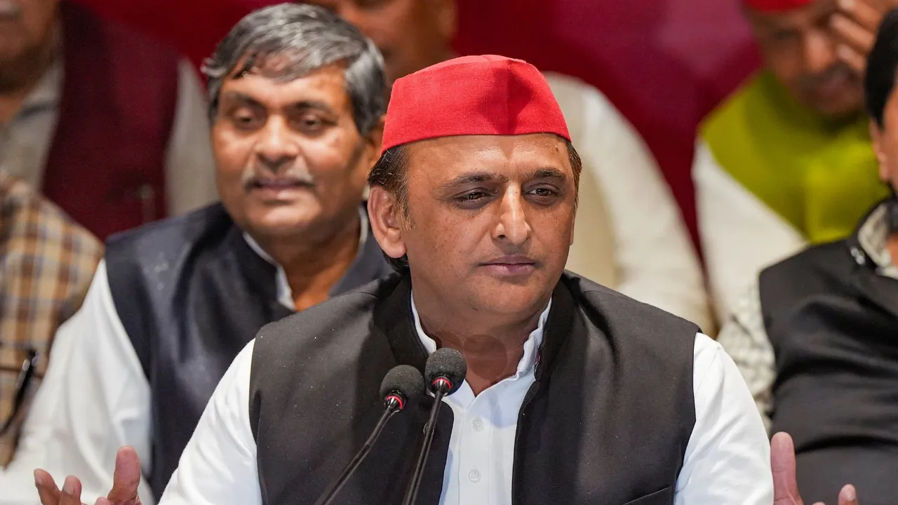 Samajwadi Party President Akhilesh Yadav addresses a press conference, at the party office in Lucknow