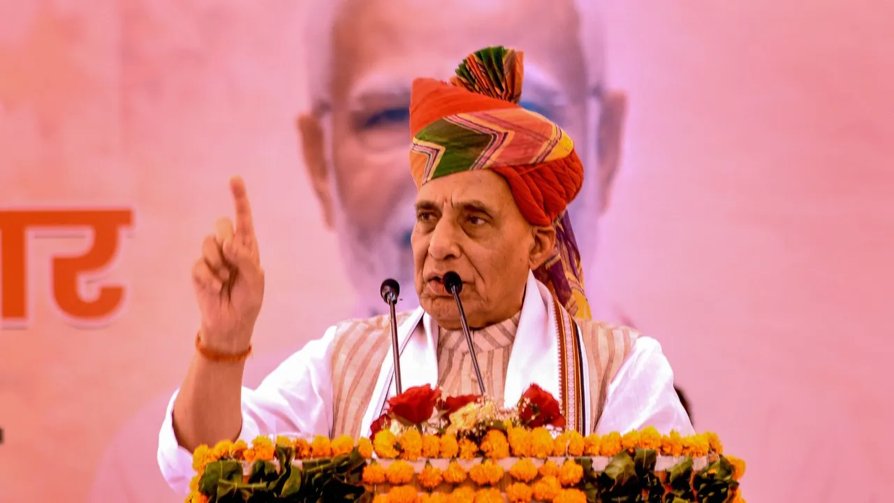 Defence Minister Rajnath Singh addresses during a public meeting ahead of the Lok Sabha elections