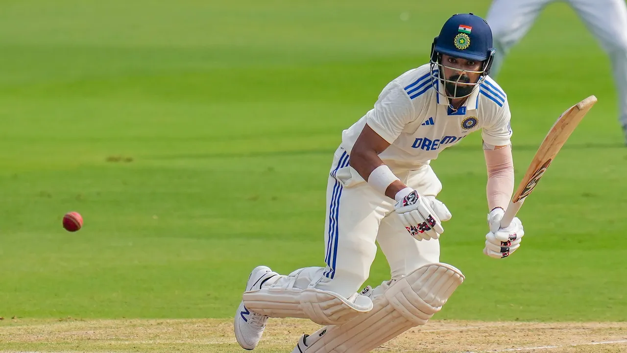 KL Rahul plays a shot during the second day of the first test match between India and England