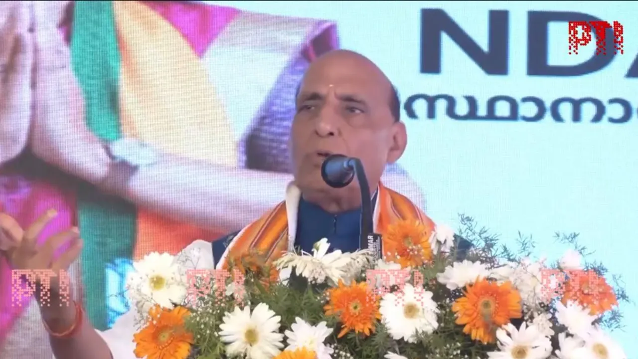 Union Minister and BJP leader Rajnath Singh addresses a public gathering in Kasaragod, Kerala.