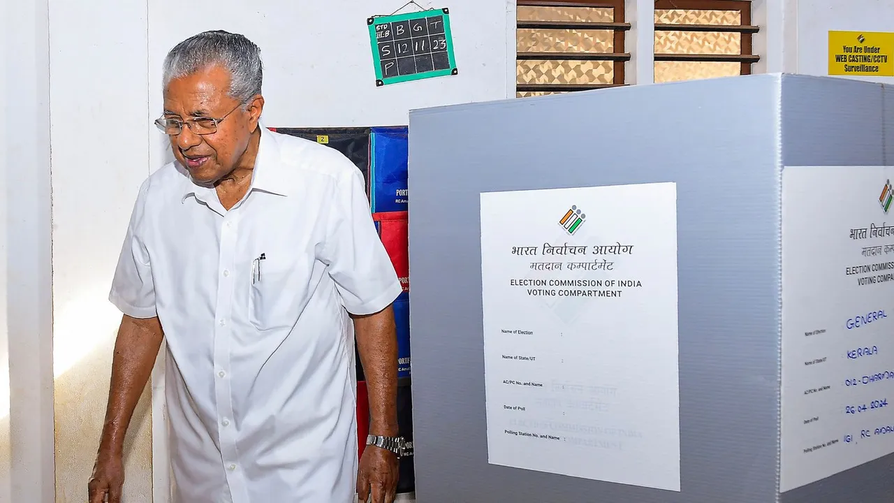 Kerala Chief Minister Pinarayi Vijayan at a polling booth after casting his vote for the second phase of Lok Sabha polls, in Kannur, Friday, April 26, 2024