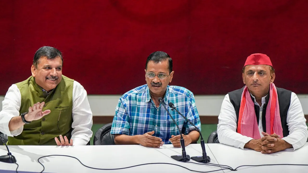 Delhi Chief Minister and AAP convenor Arvind Kejriwal, Samajwadi Party chief Akhilesh Yadav and AAP MP Sanjay Singh at their joint press conference, in Lucknow, Thursday, May 16, 2024