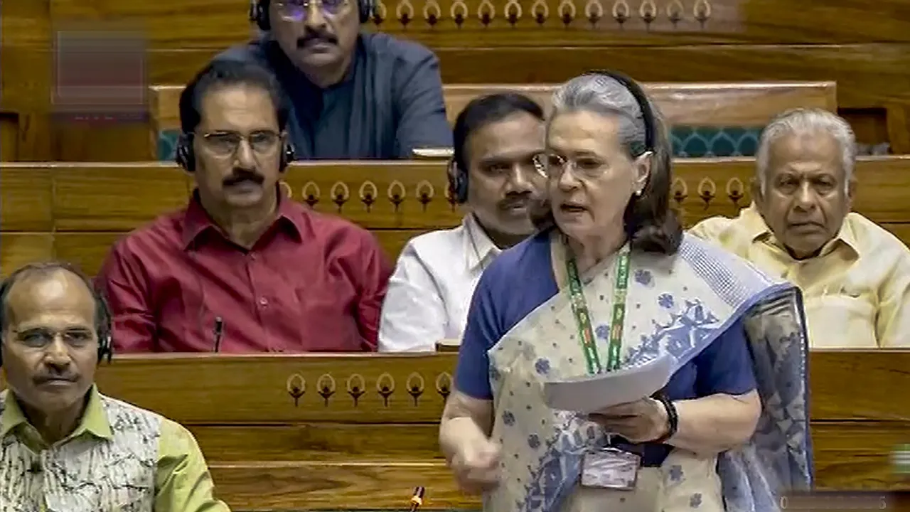 Congress MP Sonia Gandhi speaks in the Lok Sabha during the special session of the Parliament, in New Delhi