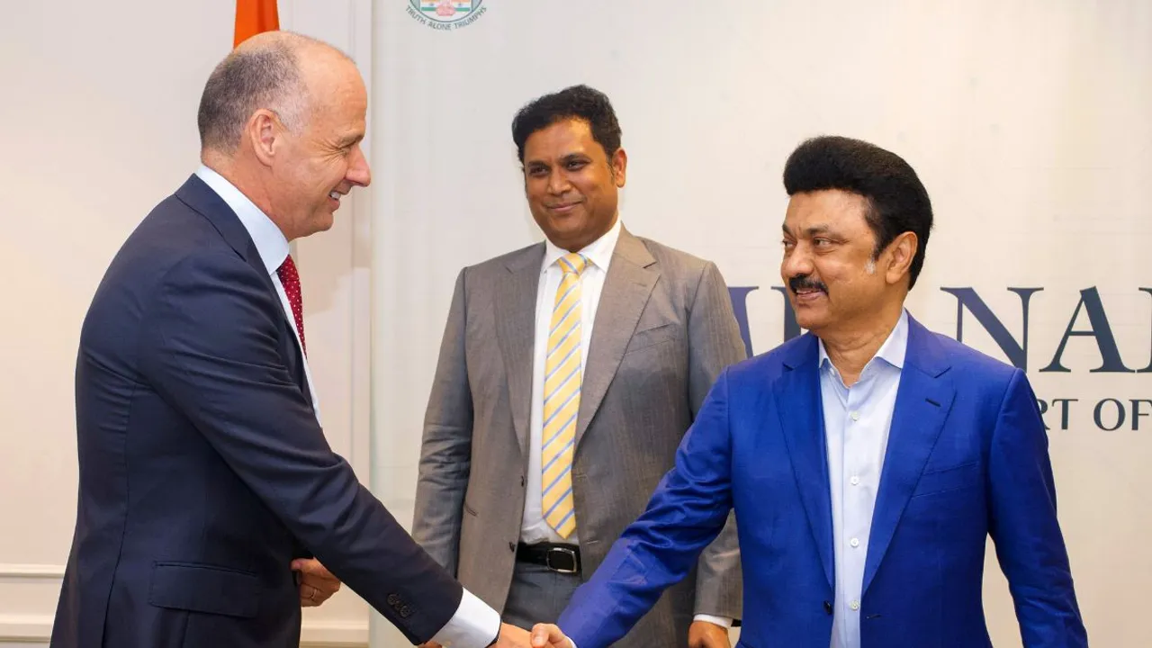 Tamil Nadu Chief Minister MK Stalin and Chief Executive Officer of Optum Insight in Chicago, Roger Connor, during a meeting