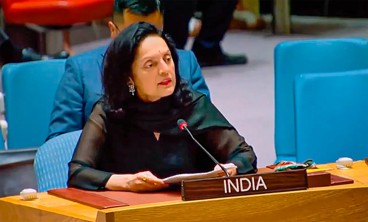India’s Permanent Representative to the United Nations Ruchira Kamboj speaks during the United Nations Security Council (UNSC) meeting