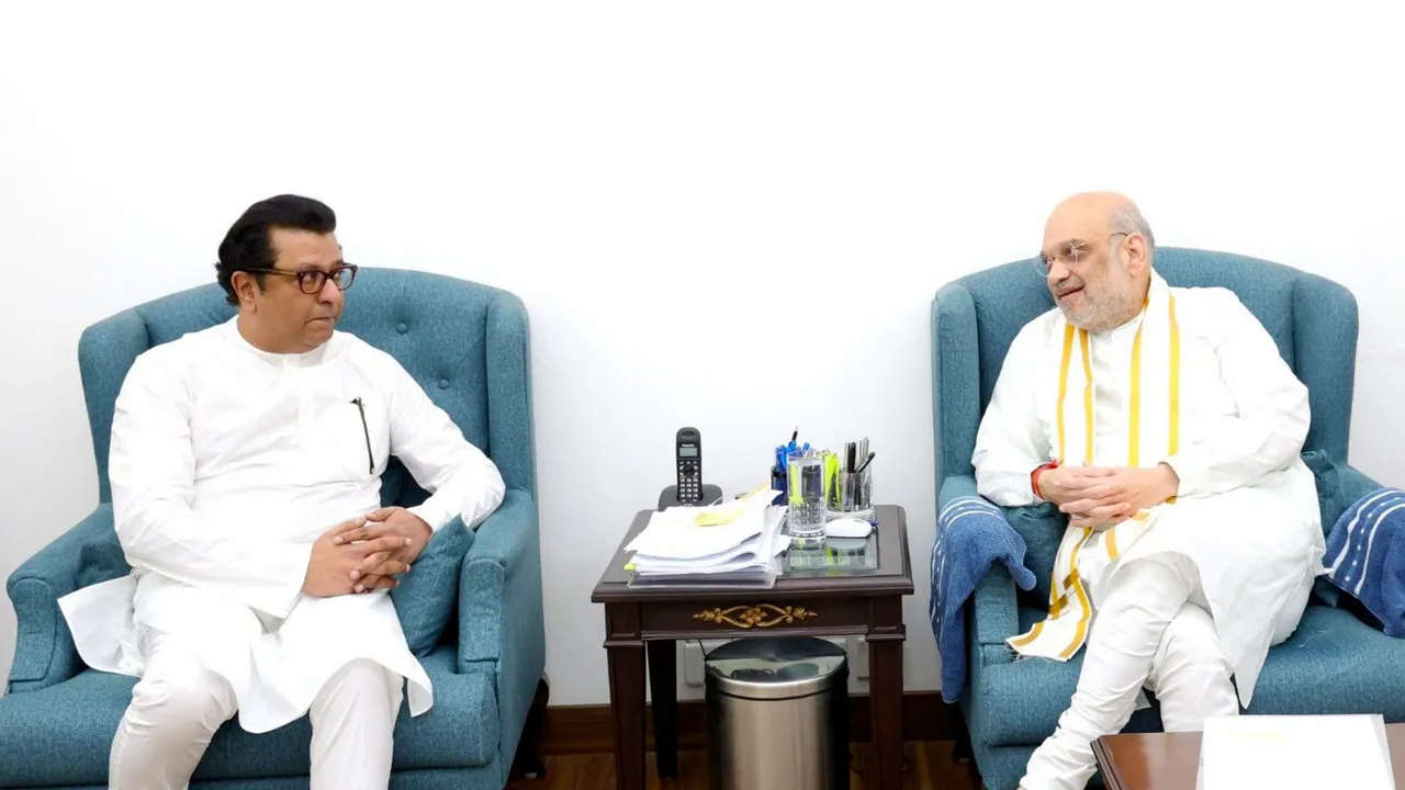 Union Home Minister Amit Shah with Maharashtra Navnirman Sena (MNS) chief Raj Thackeray during a meeting, in New Delhi