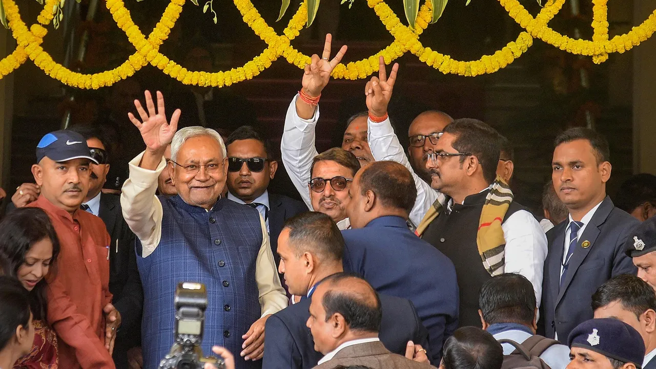 Bihar Chief Minister Nitish Kumar with NDA MLAs arrives at Bihar Legislative Assembly for the floor test of his government, at Vidhan Bhawan in Patna