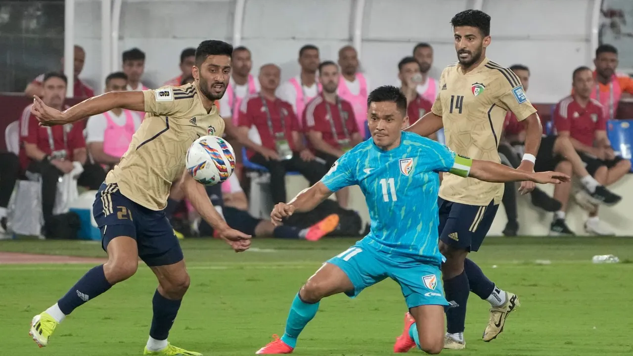 India's captain Sunil Chhetri vies for the ball during a FIFA World Cup 2026 Qualifier football match between India and Kuwait, at the Vivekananda Yuba Bharati Krirangan (Salt Lake Stadium), in Kolkata, Thursday, June 6, 2024