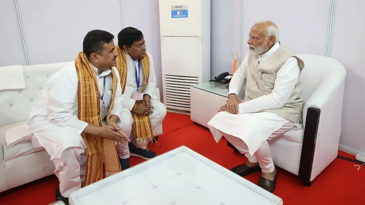 Prime Minister Narendra Modi held a brief meeting with West Bengal BJP president Sukanta Majumdar and the Leader of opposition in the assembly, Suvendu Adhikari on Saturday 