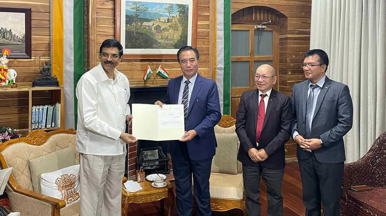 Zoram People's Movement (ZPM) leaders (2L-R) Lalduhoma, K Sapdanga and Vanlalhlana meets Mizoram Governor Hari Babu Kambhampati