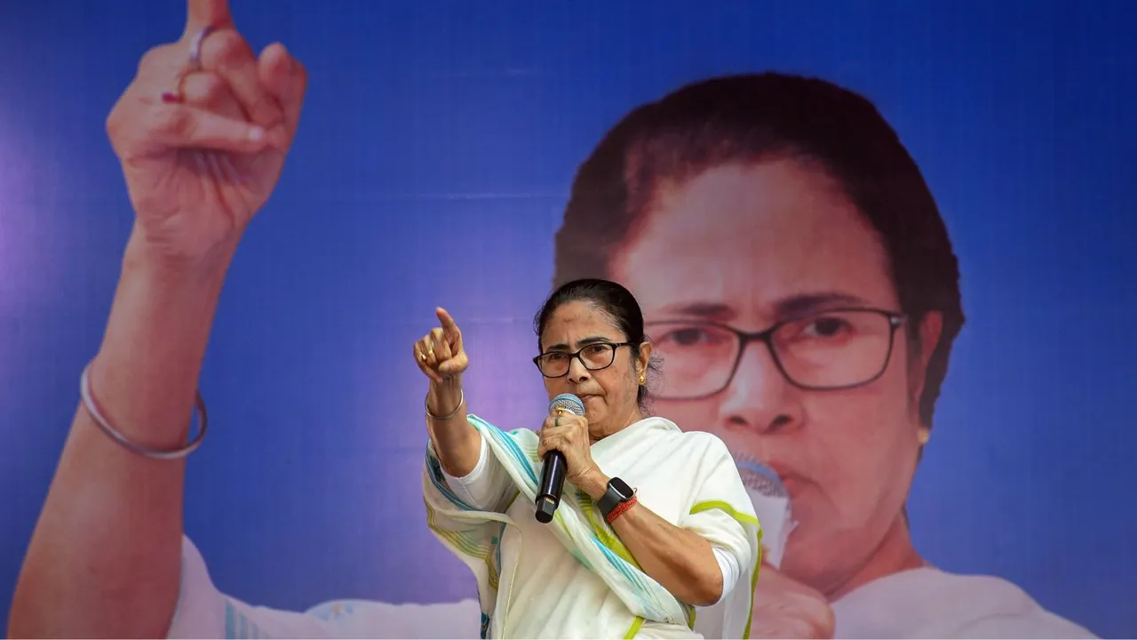 West Bengal CM and TMC chief Mamata Banerjee addresses an election campaign rally ahead of Lok Sabha polls, at Dhubuliya, in Nadia, Sunday, March 31, 2024.