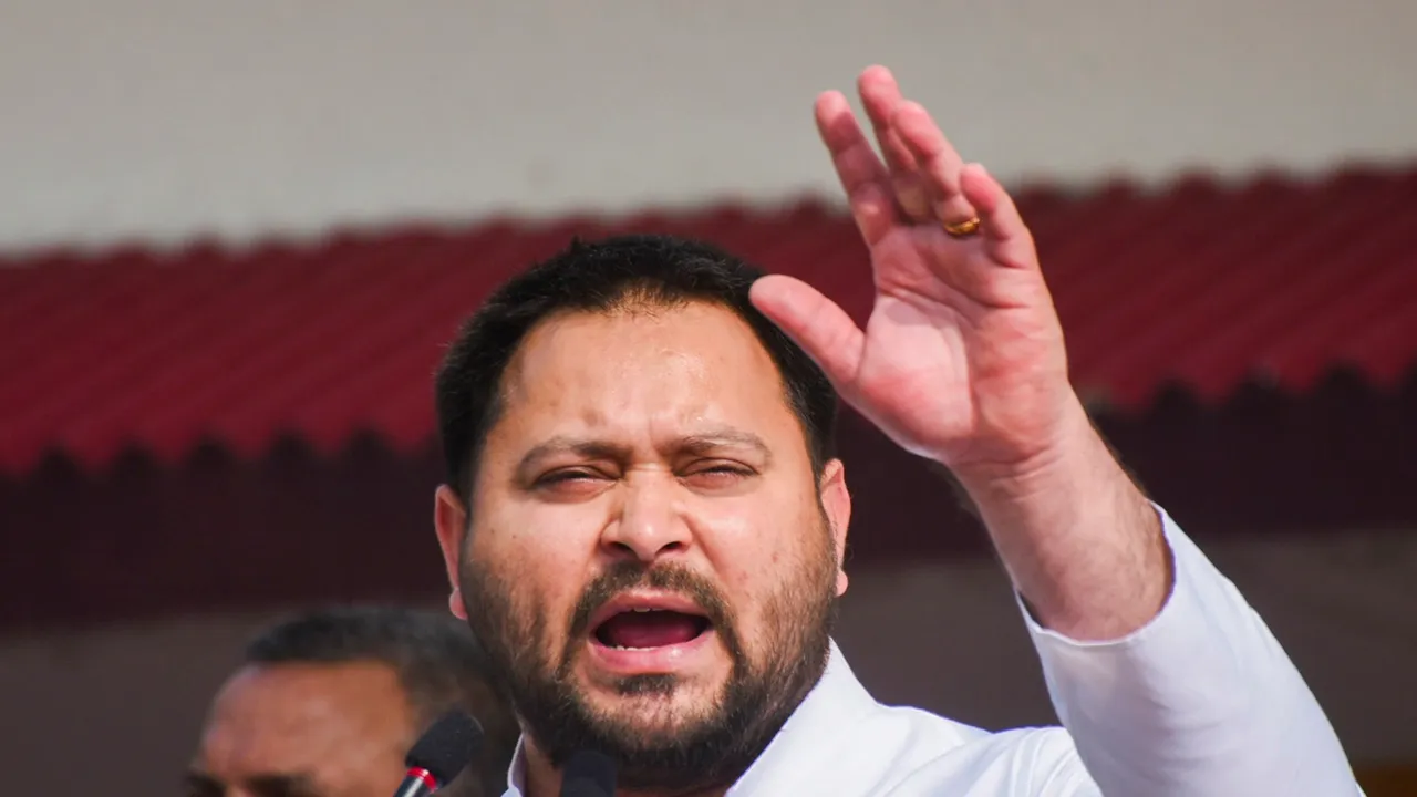 Former Bihar deputy chief minister Tejashwi Yadav addresses a public meeting during the ‘Bharat Jodo Nyay Yatra’, in Buxar district