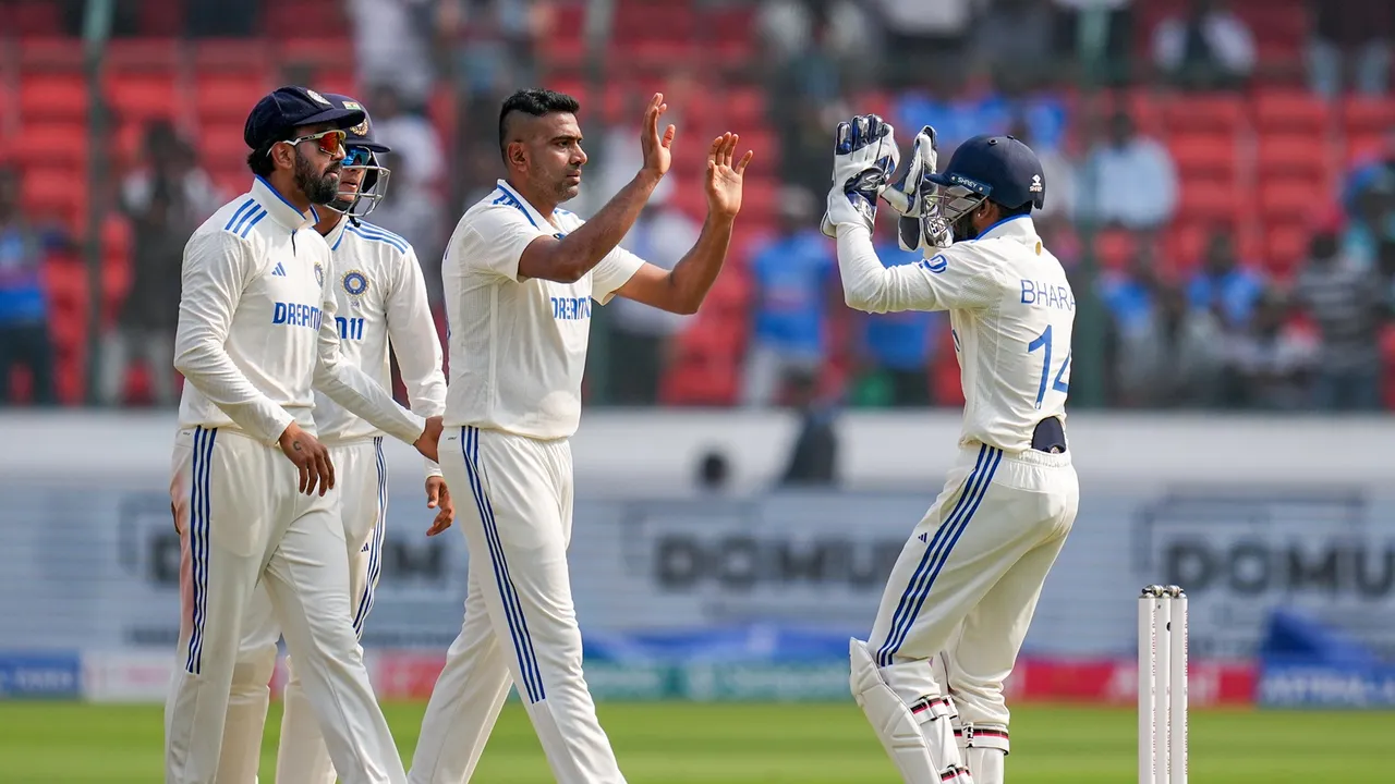 Ravichandran Ashwin celebrates the wicket of England's batter Ben Duckett during the first day of the first Test cricket match between India and England