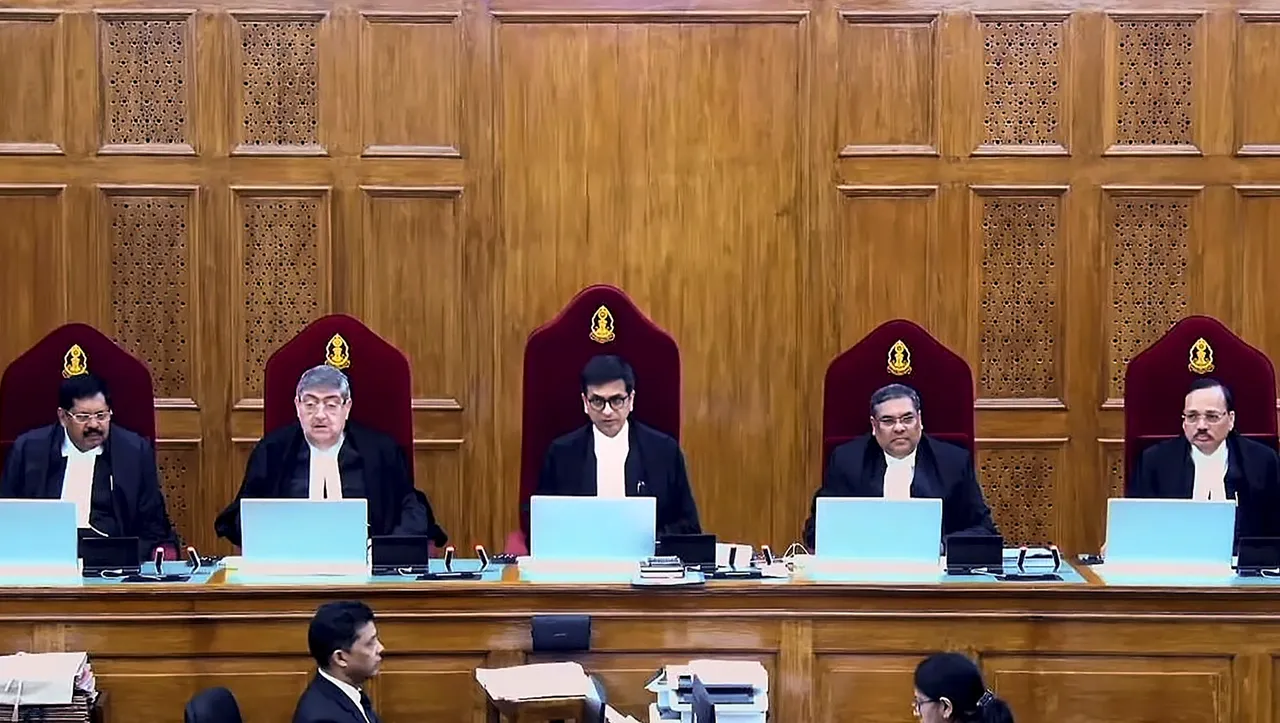 The five-judge bench during pronouncement of verdict on a batch of petitions challenging the abrogation of Article 370 of the Constitution